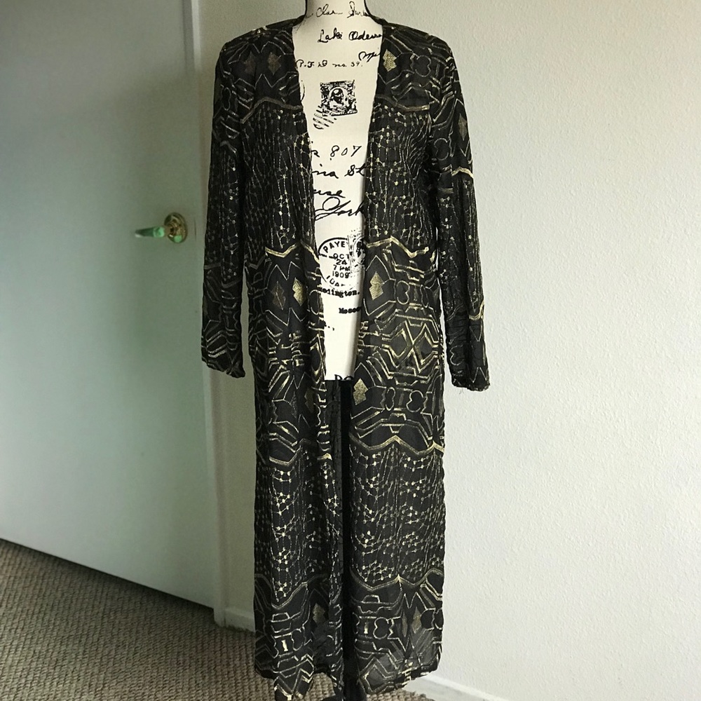 Black and gold sheer kimono duster